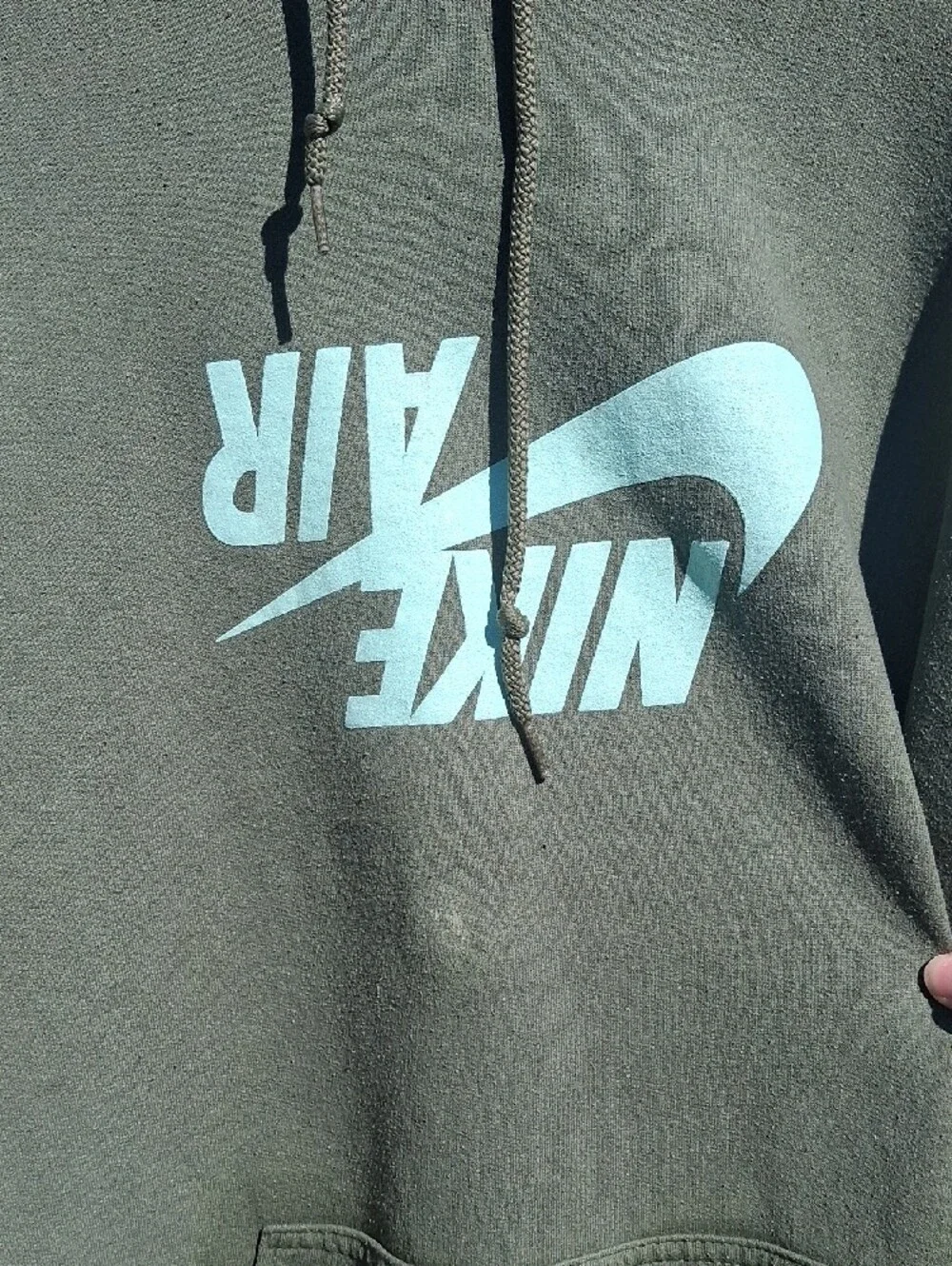 Nike Olive Green Pullover Hoodie with Light Blue Nike Air Logo